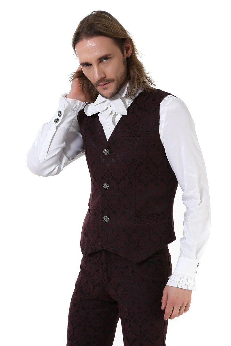 Gilet Homme Gothique Steampunk Victorien Brocard Rouge Vin