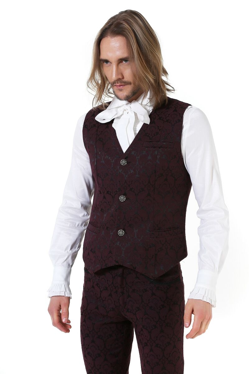 photo n°2 : Gilet Homme Gothique Steampunk Victorien Brocard Rouge Vin