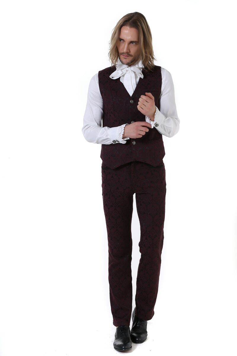 photo n°3 : Gilet Homme Gothique Steampunk Victorien Brocard Rouge Vin