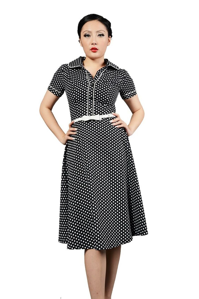 Robe Chic Vintage1950's Noir Pois Polka Swing Rockabilly