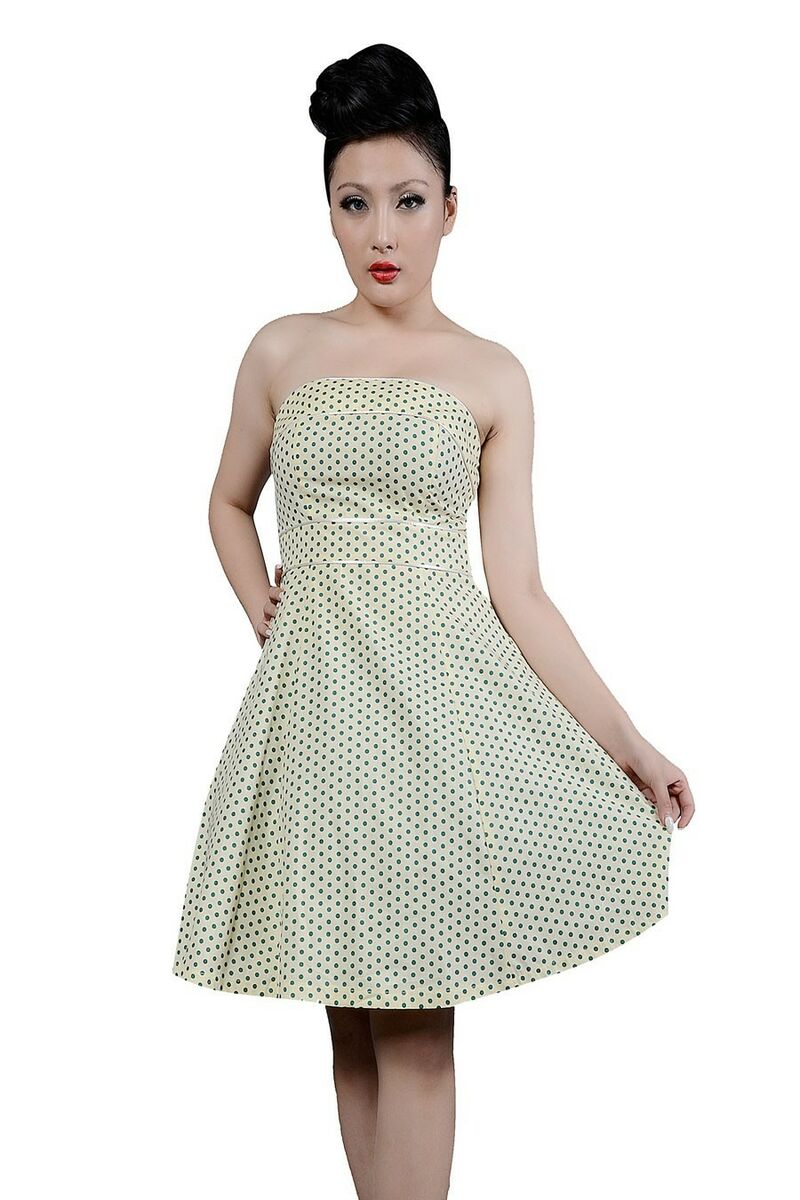 Robe Pin-Up Rétro 50's Rockabilly Beige Pois Vert