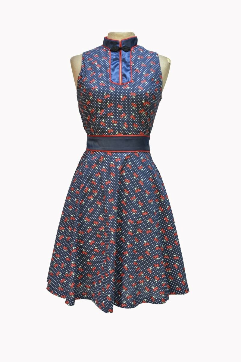 Robe Rockabilly 50's Rétro Marine style asian petite fleur rouge